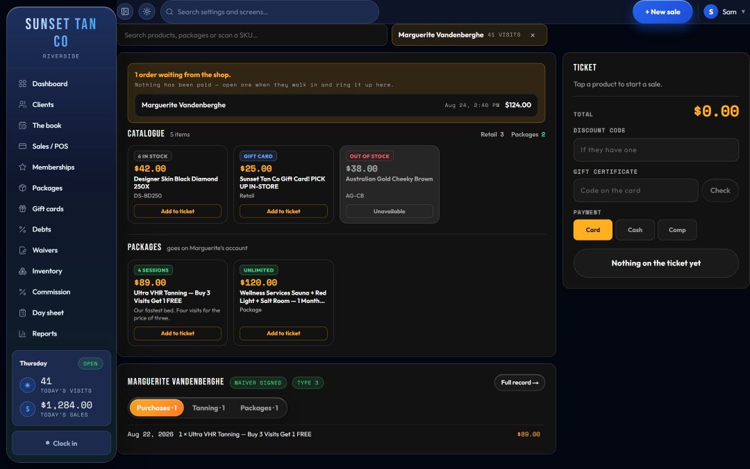 The TanVision till: retail products and tanning packages to add to a ticket, a discount code and gift card box, and card, cash and comp tenders.